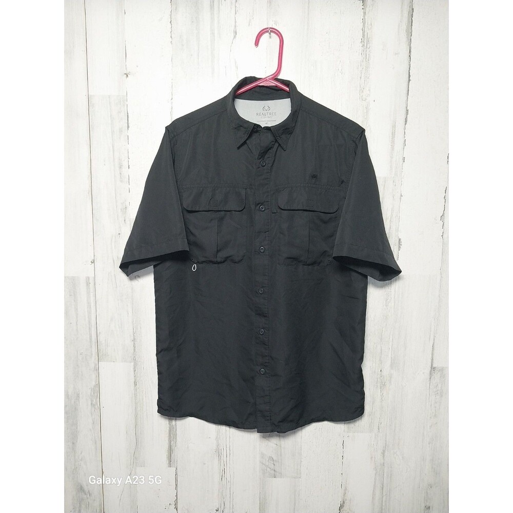Realtree Fishing Shirt Mens Small Black Vented Short Sleeve Fishing Button Up